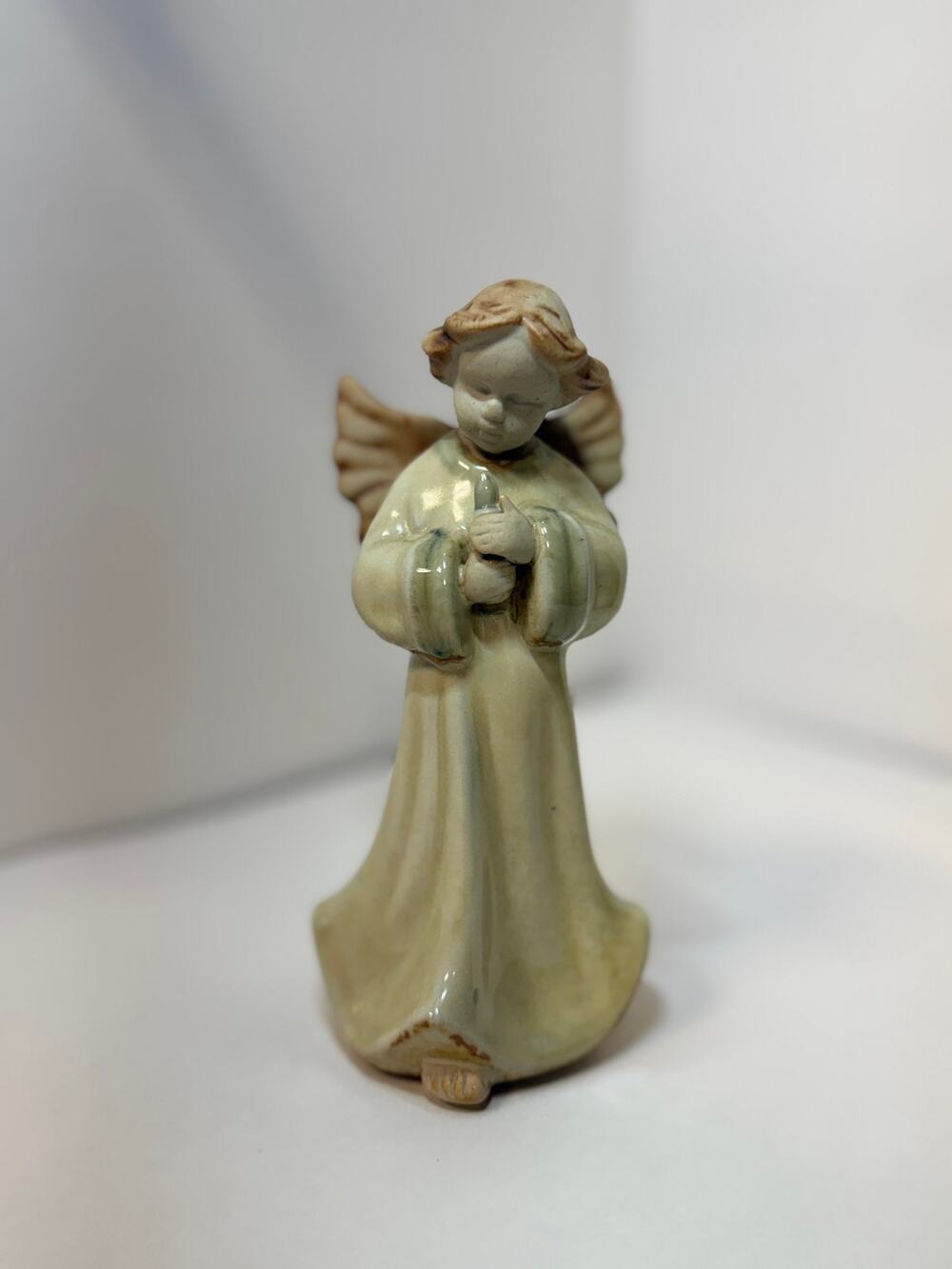 Vintage Ceramic Praying Angel Figurine Cream Glazed Wings Religious Home Decor
